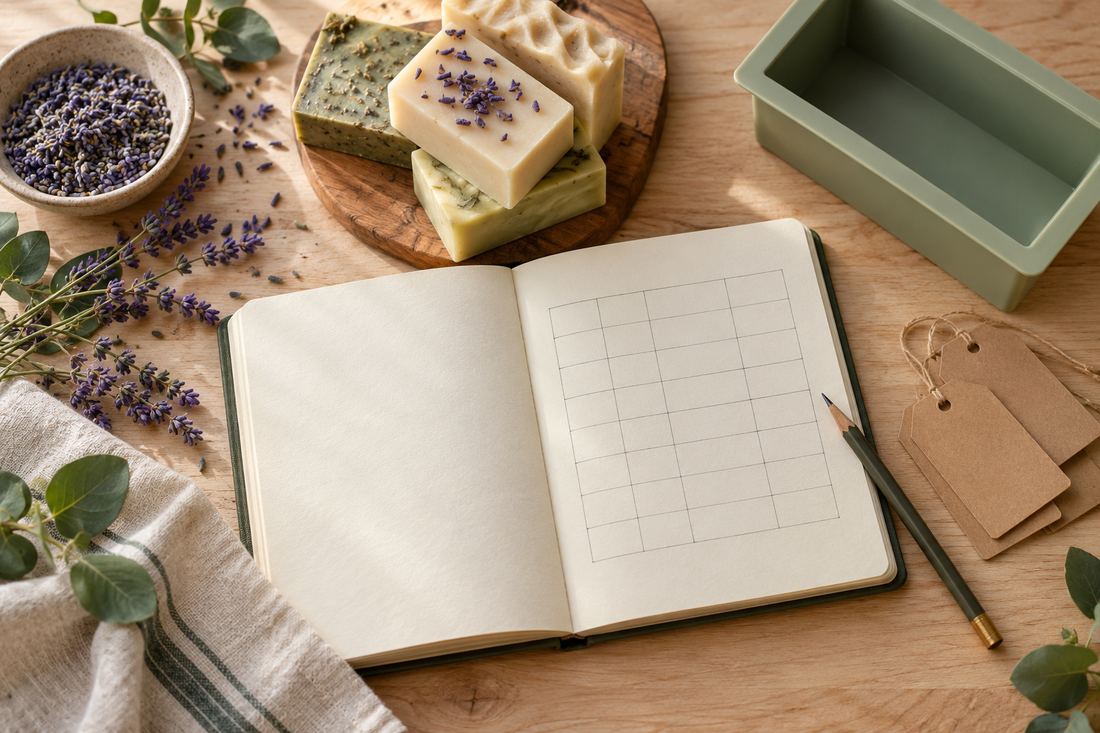 Soap bars, a sage silicone mold and an open batch notebook with blank tags on a wooden worktable.