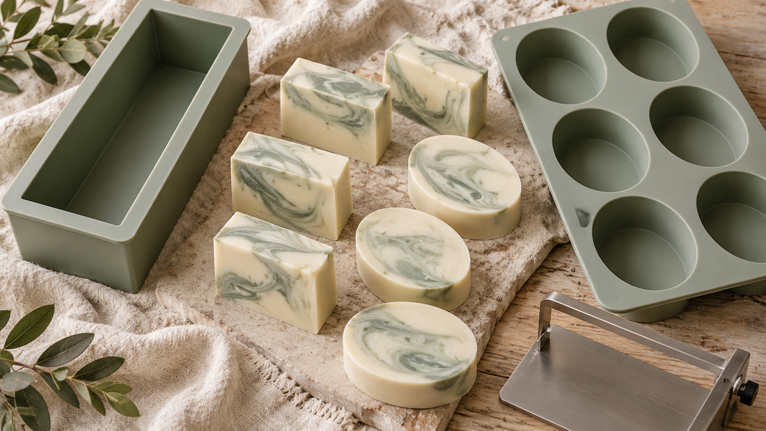 Illustrated editorial arrangement of loaf and individual-cavity silicone soap molds with cream and sage bars.