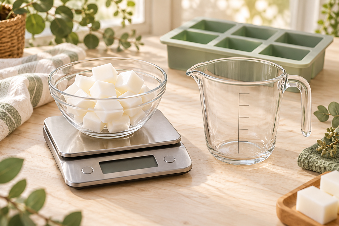 Original illustration of a scale, measuring jug, soap base pieces and a mold, with no measurement shown.
