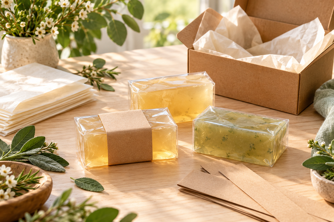Original illustration of individually wrapped melt-and-pour soap bars beside a kraft gift box.
