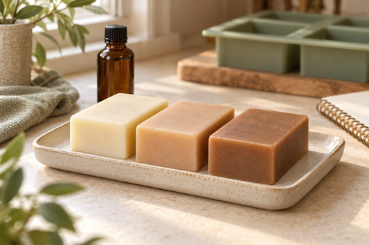 Original conceptual illustration of ivory, tan and brown soap bars beside a fragrance bottle, not a test batch or time sequence.