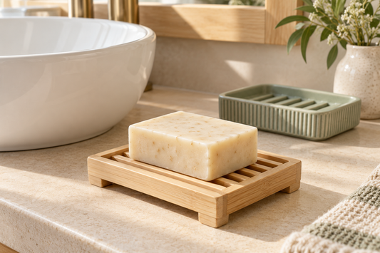Original illustration of a soap bar raised on a bamboo dish beside a dry bathroom sink.