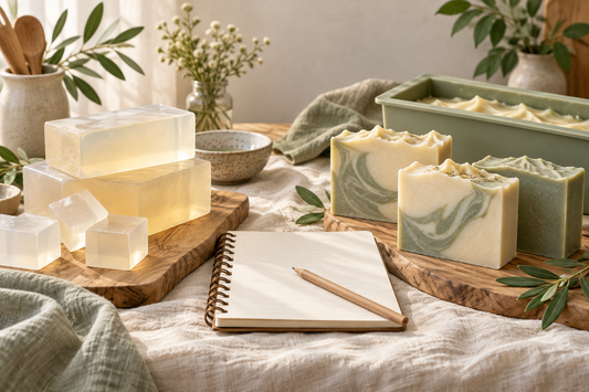 Conceptual illustration comparing translucent soap base with opaque soap bars and a sage loaf mold.