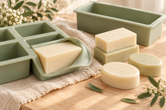 Conceptual illustration of a silicone cavity mold peeled away from a solid soap bar, with finished bars nearby.