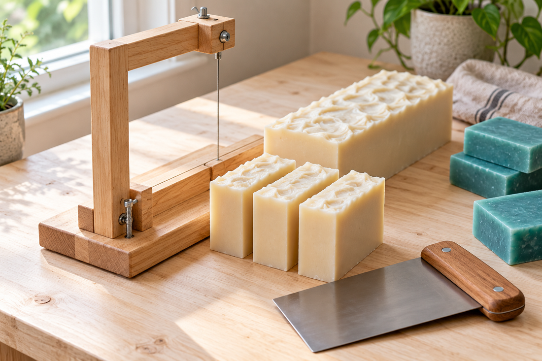 Illustration of a wire soap cutter and straight blade beside a soap loaf and cut bars.